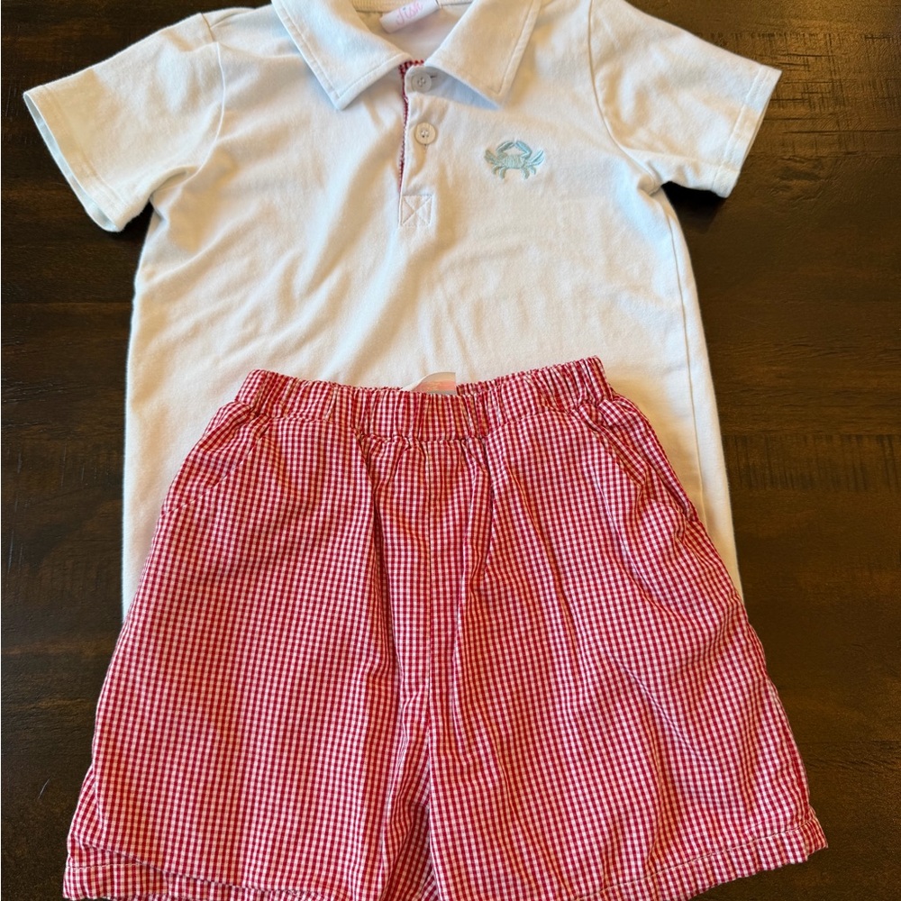 Kids White Polo & Red Gingham Shorts Matching Set